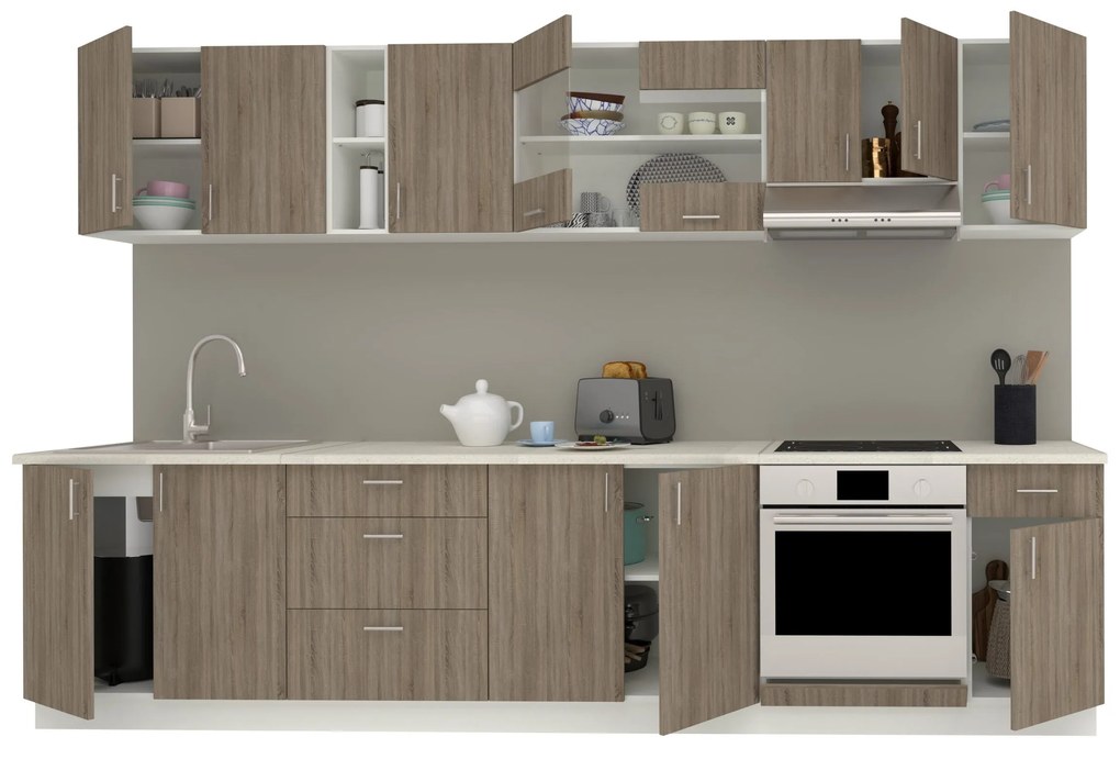 Set Bucatarie Karo V28, Stejar Sonoma Inchis/Alb, Blat Thermo 28 mm, L 320 cm