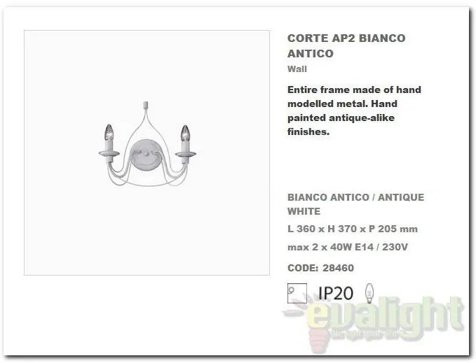 Aplica de perete clasica modelat si pictat manual disponibil in finisaj alb antichizat CORTE AP2 028460