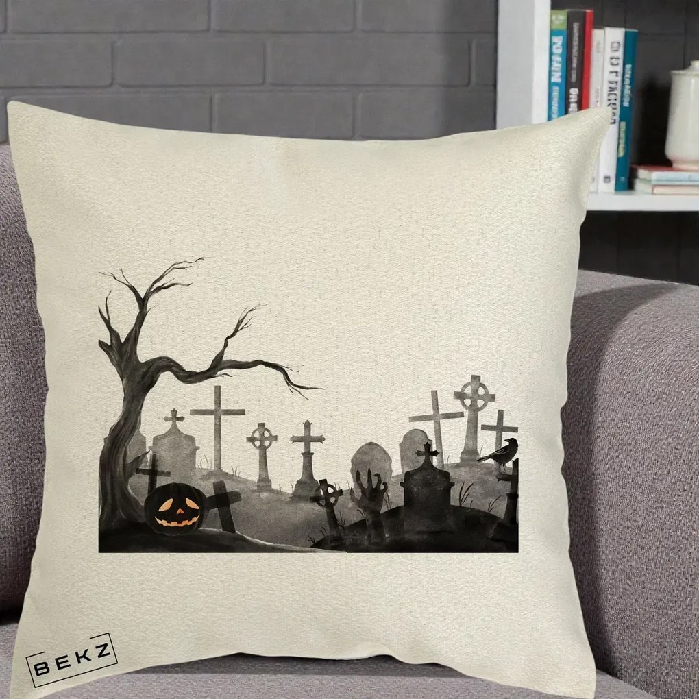 Perna Decorativa Halloween Cimitir Acuarela cu Dovleac, 40x40 cm, Ecru, Husa Detasabila, Perna Inclusa, BEKZ®