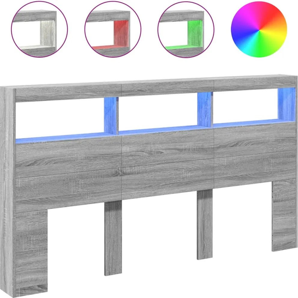 vidaXL Tăblie de pat cu dulap și LED, gri sonoma, 180x17x102 cm