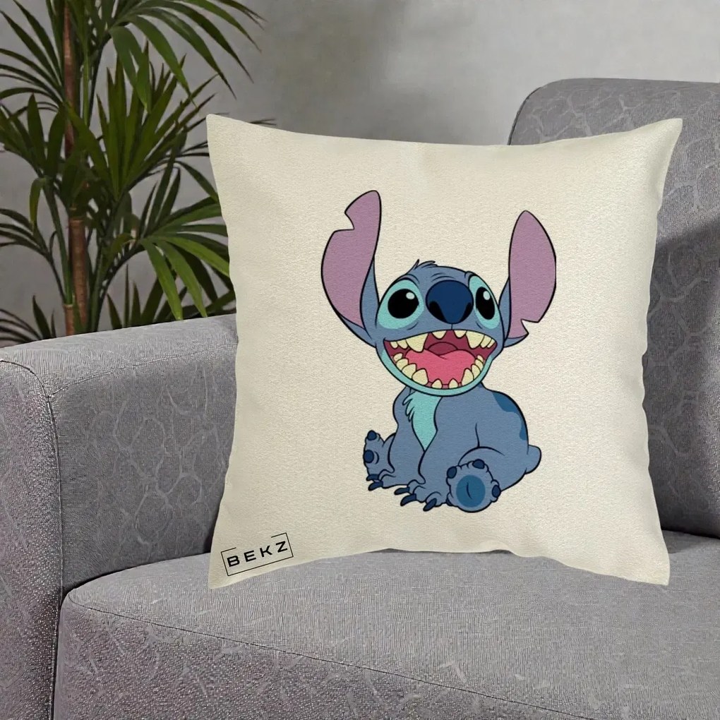 Perna Personalizata Stitch Zambitor, 40x40 cm, Ecru, Husa Detasabila, Perna Inclusa, BEKZ®