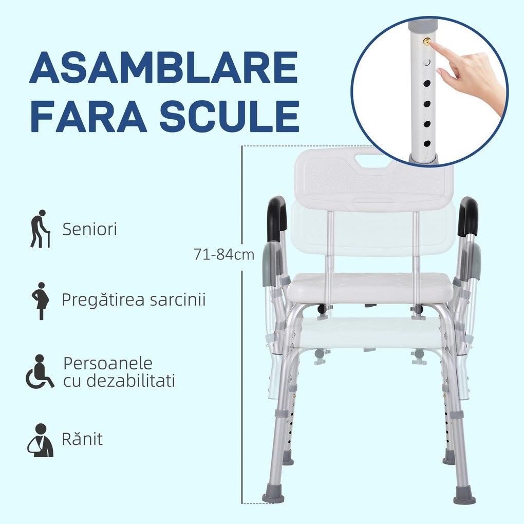 HOMCOM Scaun de Duș cu Spătar, Brațe, Înălțime Reglabilă și Picioare Antiderapante, 51,5x51,5x71-84 cm, Alb | Aosom Romania