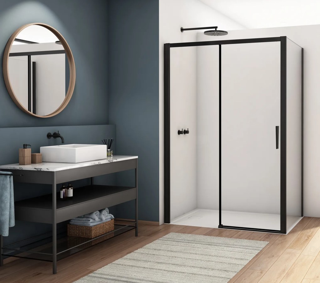 Cabina dus negru mat 140x80 cm, usa culisanta, grosime sticla 6 mm, tratament anticalcar, Ronal Divera