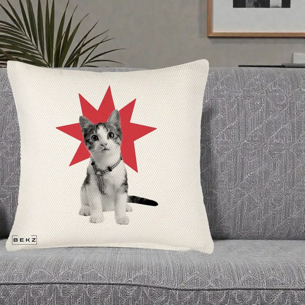 Perna Decorativa Pisica Star Pop Art, 40x40 cm, Crem Reliefat, Husa Detasabila, Perna Inclusa, BEKZ®
