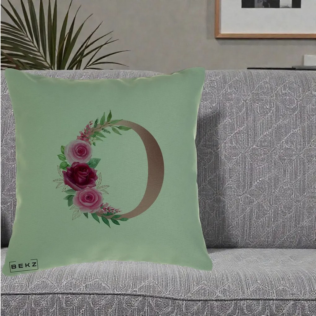 Cadou Personalizat - Perna Personalizata Monograma Rose Gold Litera O, 40x40 cm, Verde, Husa Detasabila, Perna Inclusa, BEKZ®