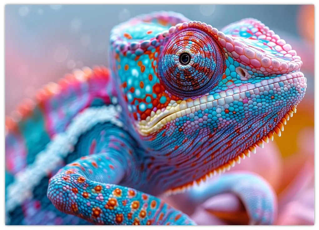 Tablou pe sticlă - Cameleon colorat (70x50 cm)