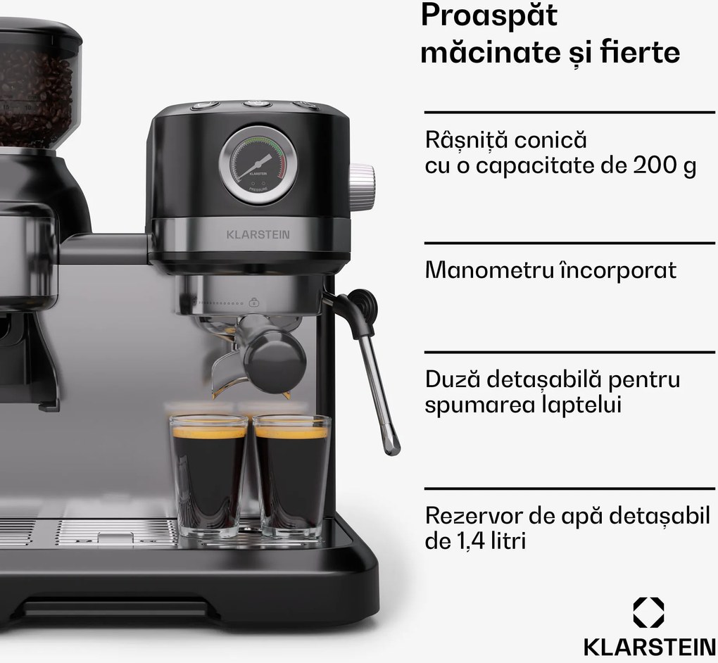 Klarstein Espressor Bella, Vintage, râșniță, 19 bari, spumator de lapte, manometru, 1150 W