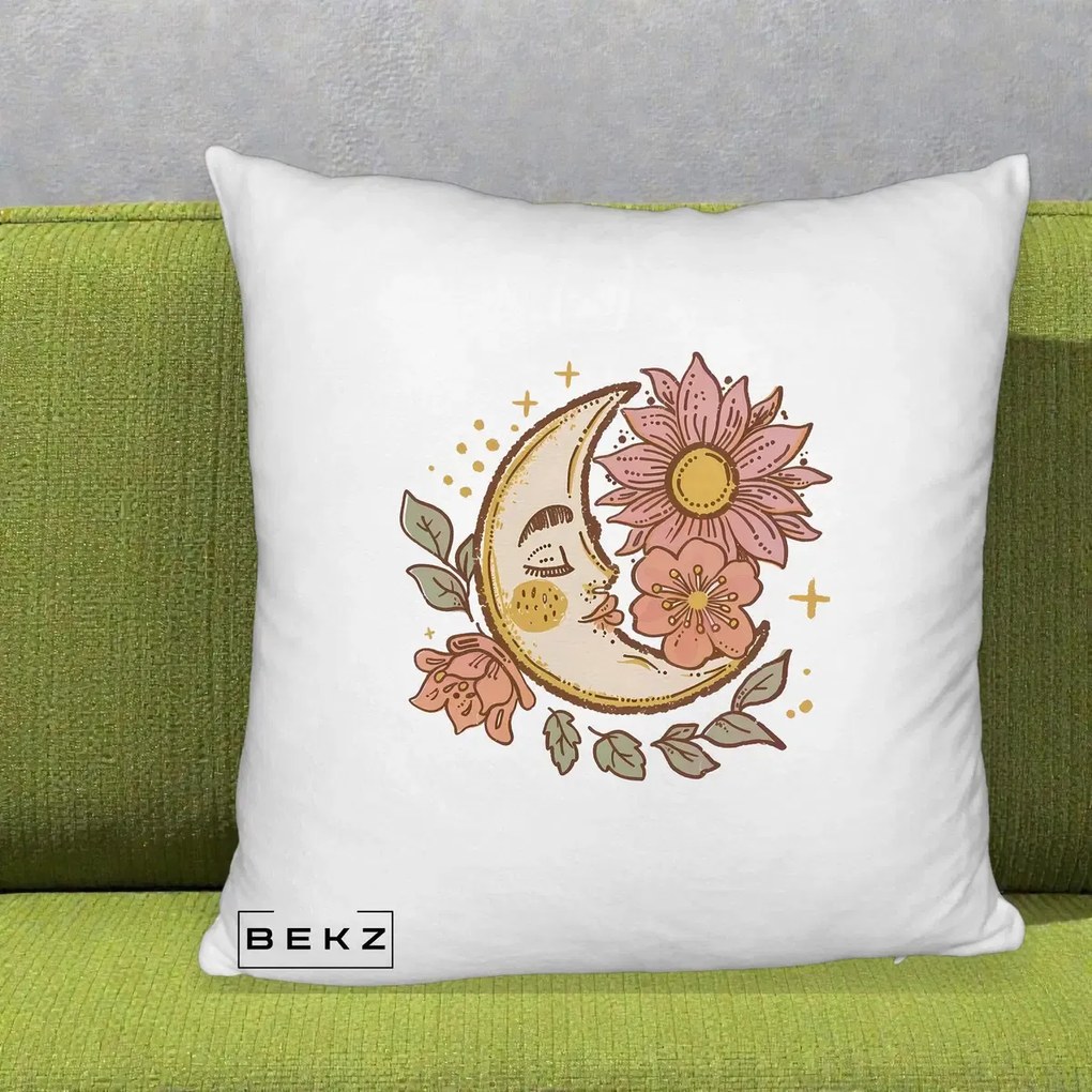 Perna Personalizata Luna Boho Chip Floral, 40x40 cm, Alb Pufos, Husa Detasabila, Perna Inclusa, BEKZ®