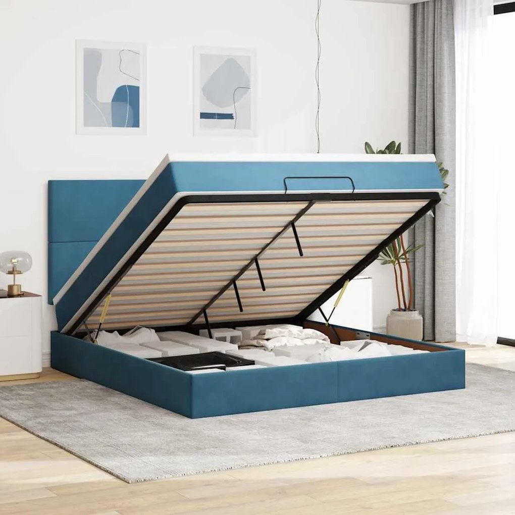 vidaXL Cadru pat otoman cu saltele Albastru închis 160x200cm catifea