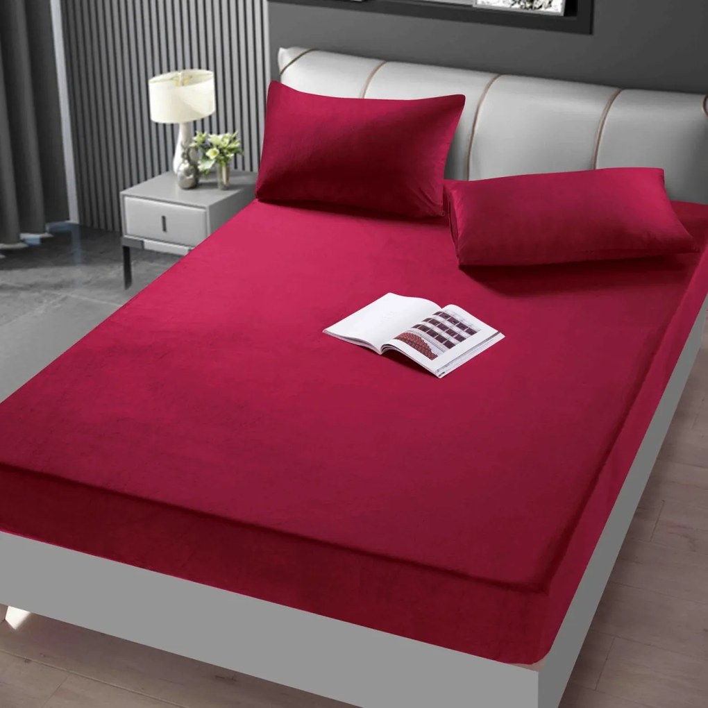 Huse de pat, 3 Piese, Catifea cu elastic 180x200, Rosu