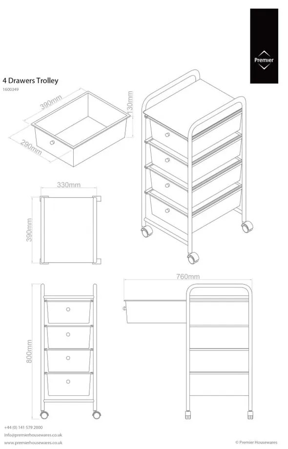 Etajeră pe roți din plastic negru-argintiu 33x79 cm – Premier Housewares