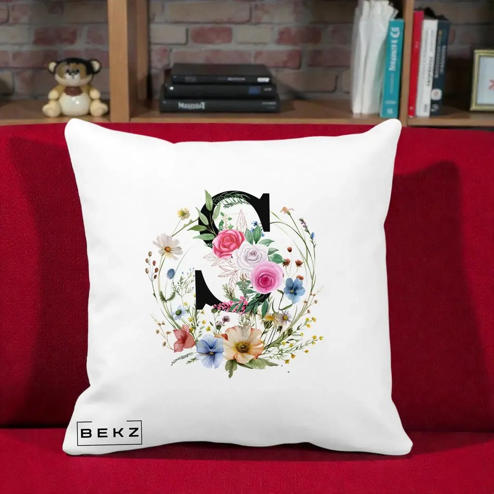 Cadou Personalizat - Perna Personalizata Monogram Litera S cu Flori Acuarela, 40x40 cm, Alba Mata, Husa Detasabila, Perna Inclusa, BEKZ®