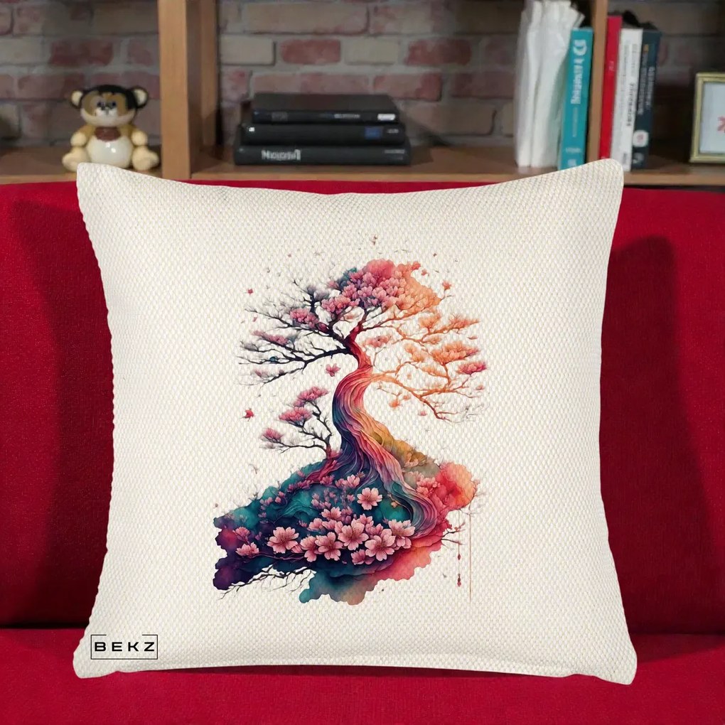 Perna Decorativa Copac Sakura Acuarela Fantasy, 40x40 cm, Crem Reliefat, Husa Detasabila, Perna Inclusa, BEKZ®