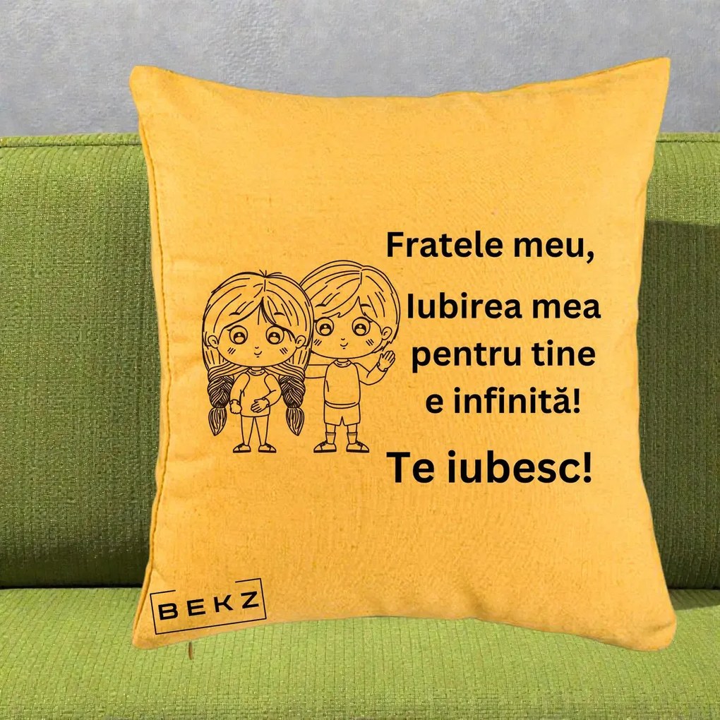 Cadou pentru Frate - Perna Personalizata Fratele Meu Te Iubesc Copii Anime Line Art Negru, 40x40 cm, Galben, Husa Detasabila, Perna Inclusa, BEKZ®