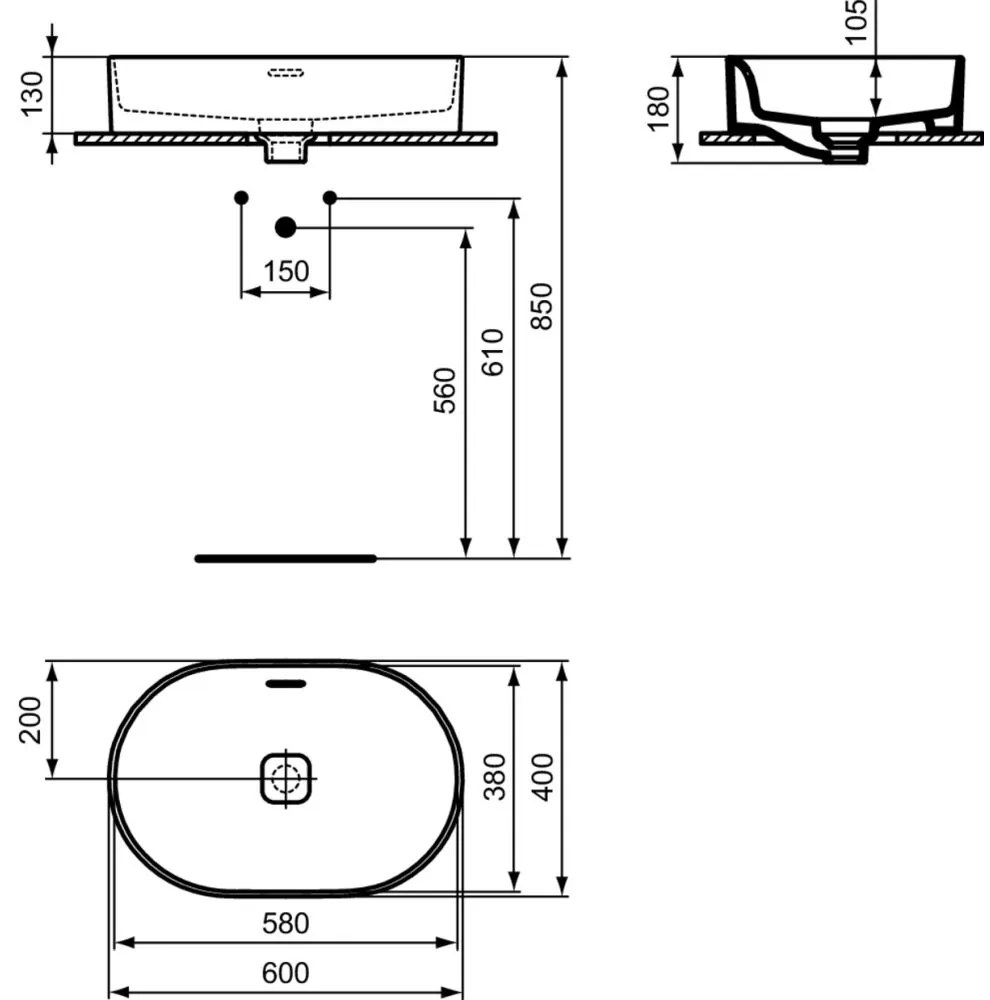 Lavoar pe blat alb 60 cm, oval, cu preaplin, Ideal Standard Strada II Ovala