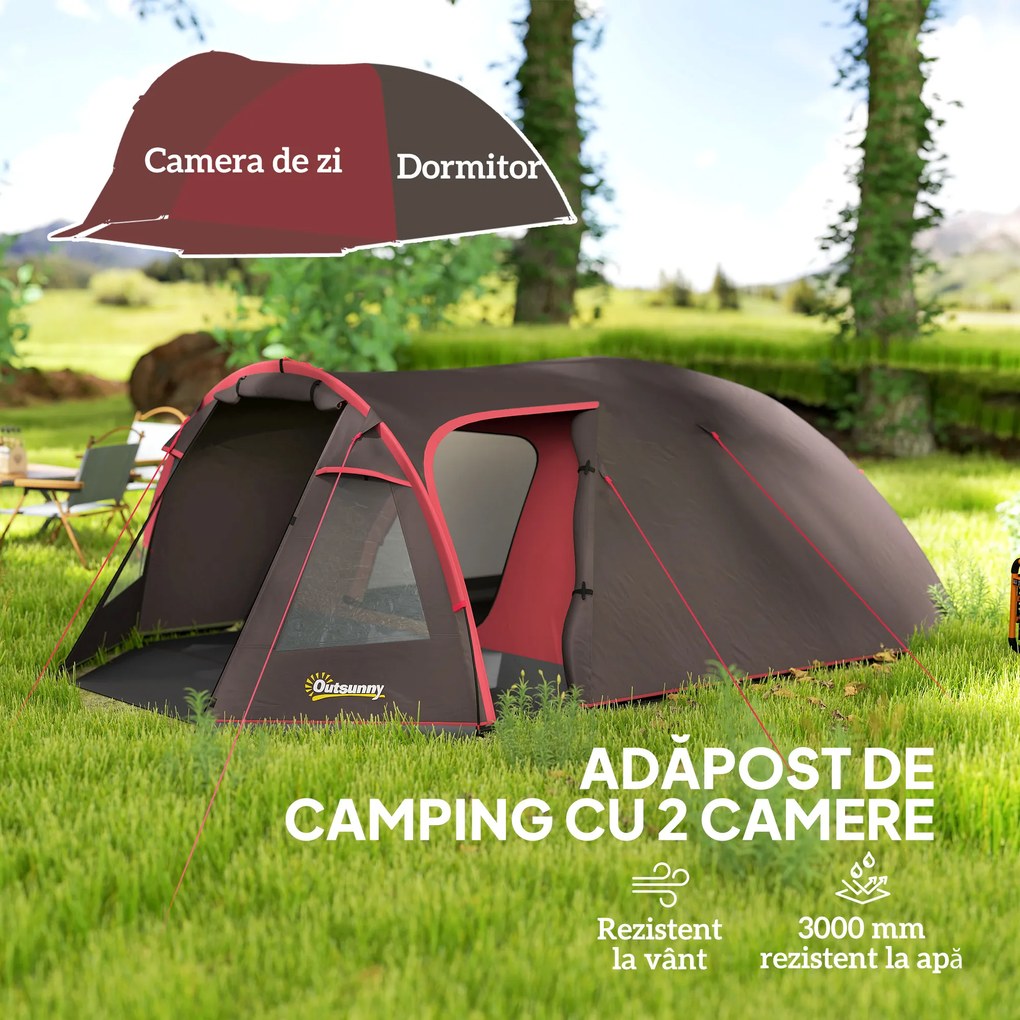 Outsunny Cort de Camping pentru 2-4 Persoane cu 2 Camere, Uși Duble și Geantă de Transport, 360x250x130 cm, Gri | Aosom Romania