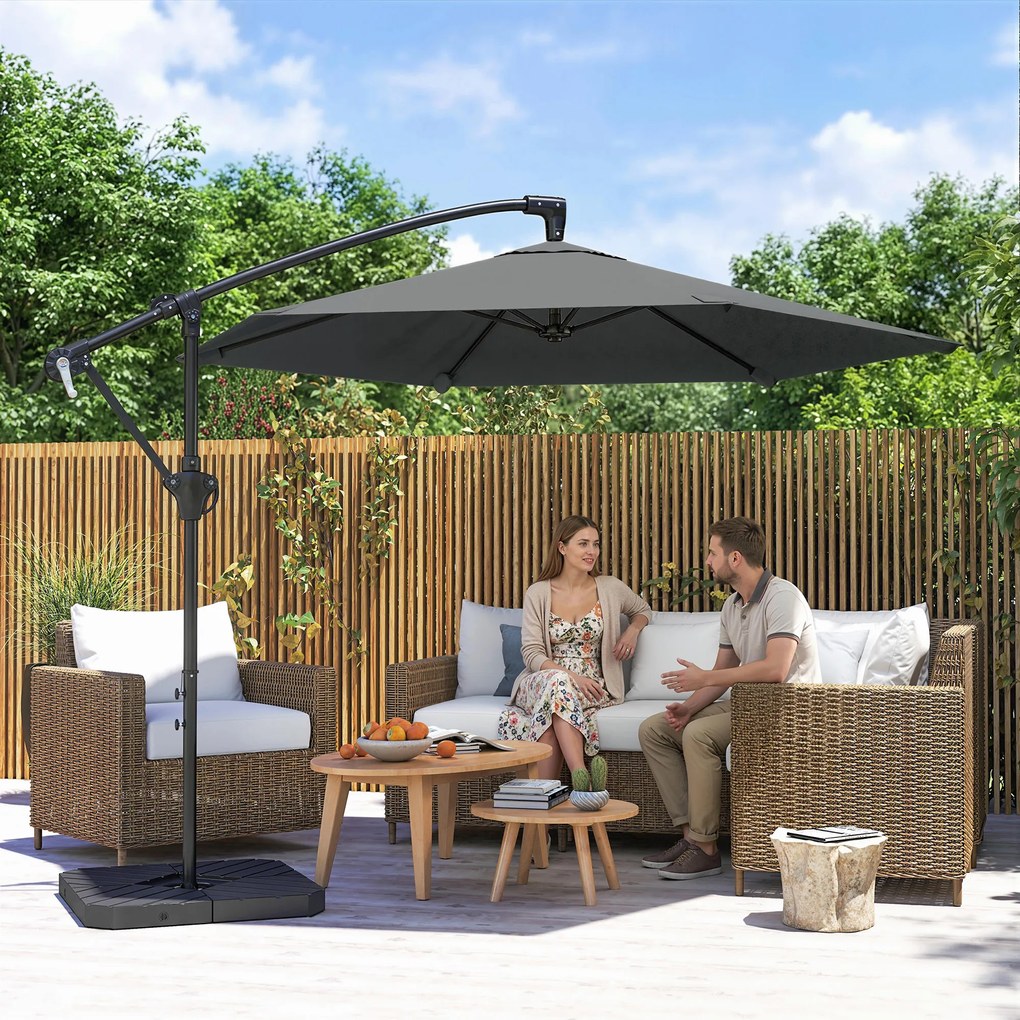 Outsunny Umbrelă de Grădină Offset 3x3 m, Umbrelă de Exterior cu Greutăți Reumplibile, Bază în Formă de Cruce, Sistem de Blocare, Manivelă, pentru Piscină Terasă, UV 30+, Gri Închis | Aosom Romania