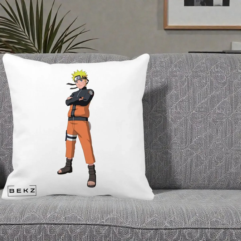 Perna Personalizata Naruto Uzumaki Portret Complet, 40x40 cm, Alba Mata, Husa Detasabila, Perna Inclusa, BEKZ®