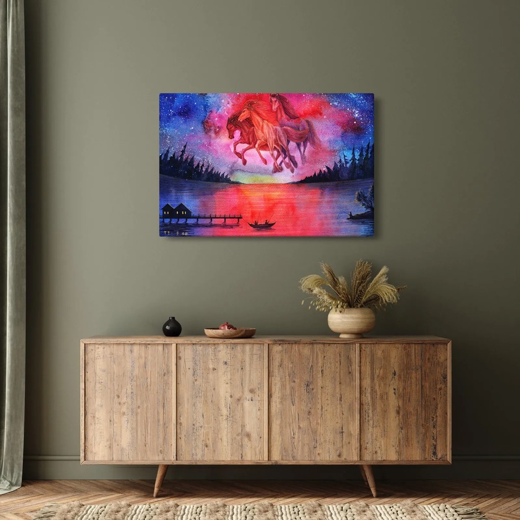 Tablou - Apariția cailor spațiali peste lac, acuarelă (90x60 cm)