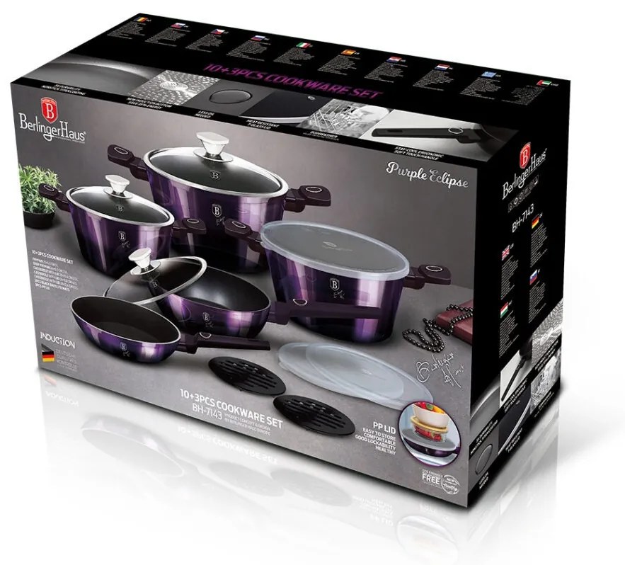 Set oale si tigai cu capace 13 piese Purple Eclipse Berlinger Haus BH 7143, strat antiaderent titan, mov, inductie