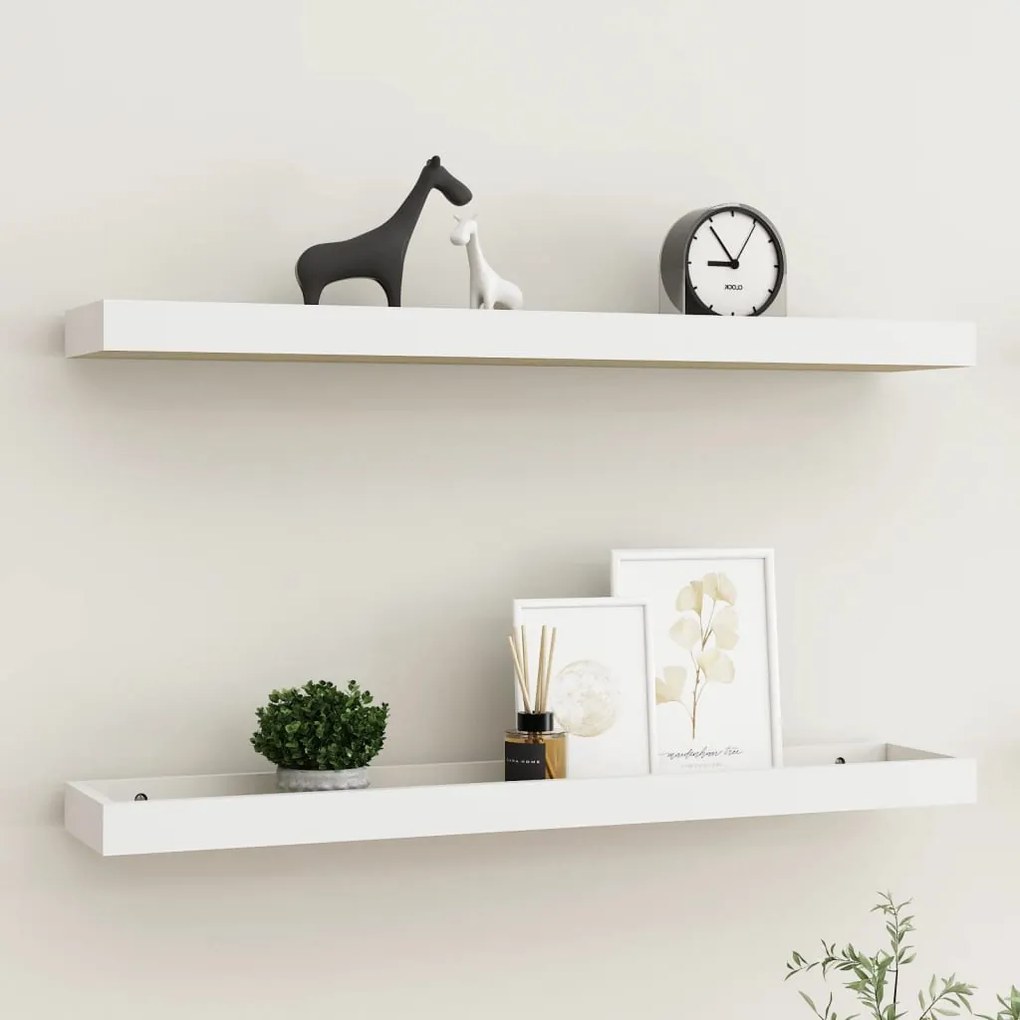 330235 vidaXL Rafturi de perete Loggia, 2 buc., alb și stejar, 80x15x4 cm MDF