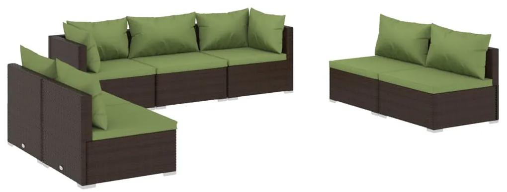 Set mobilier de gradina cu perne, 7 piese, maro, poliratan maro si verde, 2x colt + 5x mijloc, 1