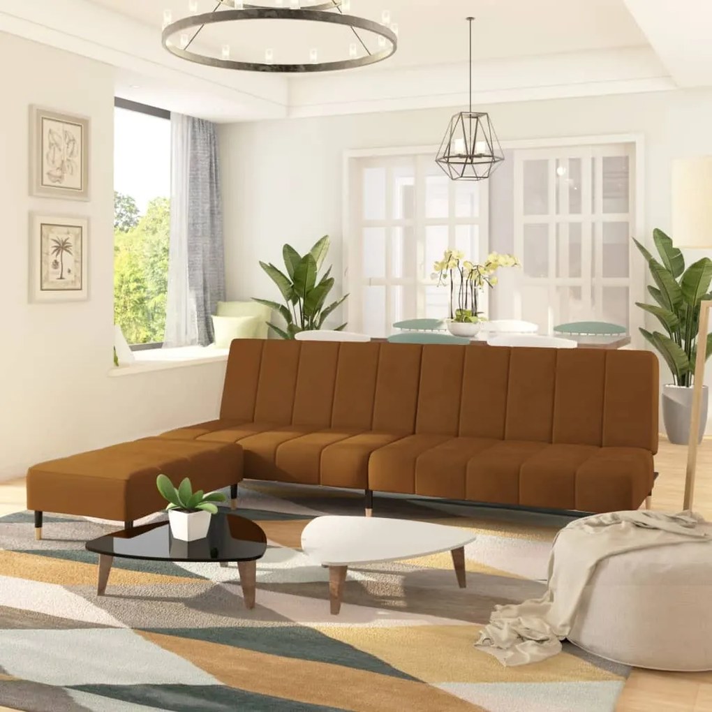 3081794 vidaXL Canapea extensibilă 2 locuri, cu taburet, maro, catifea