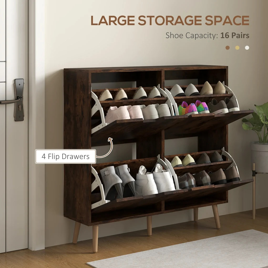 HOMCOM Pantofar cu 4 Sertare Rabatabile pe 2 Niveluri pentru 16 Perechi de Pantofi, 95x26x95 cm, Maro | Aosom Romania