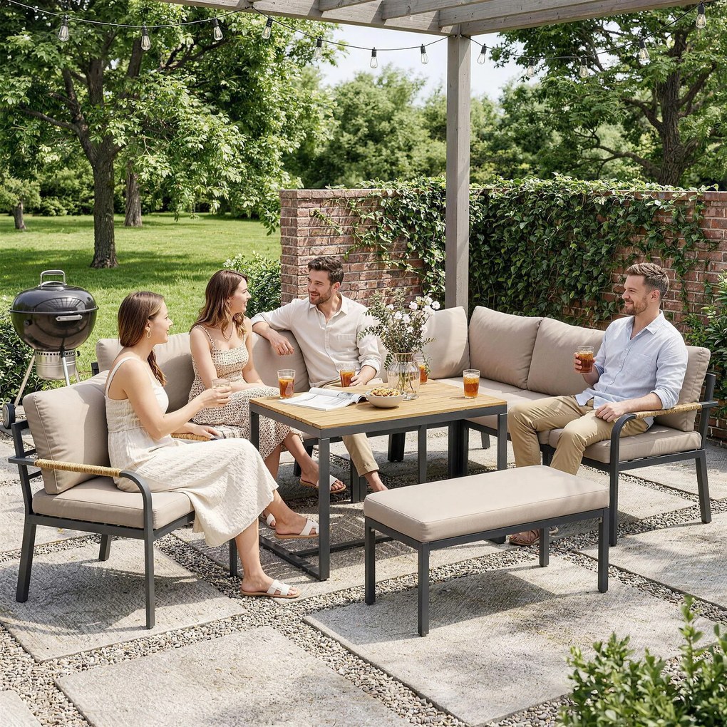 Outsunny Set mobilier grădină 7 piese Colțar modular exterior cu masă WPC și pouf bej și gri | Aosom Romania