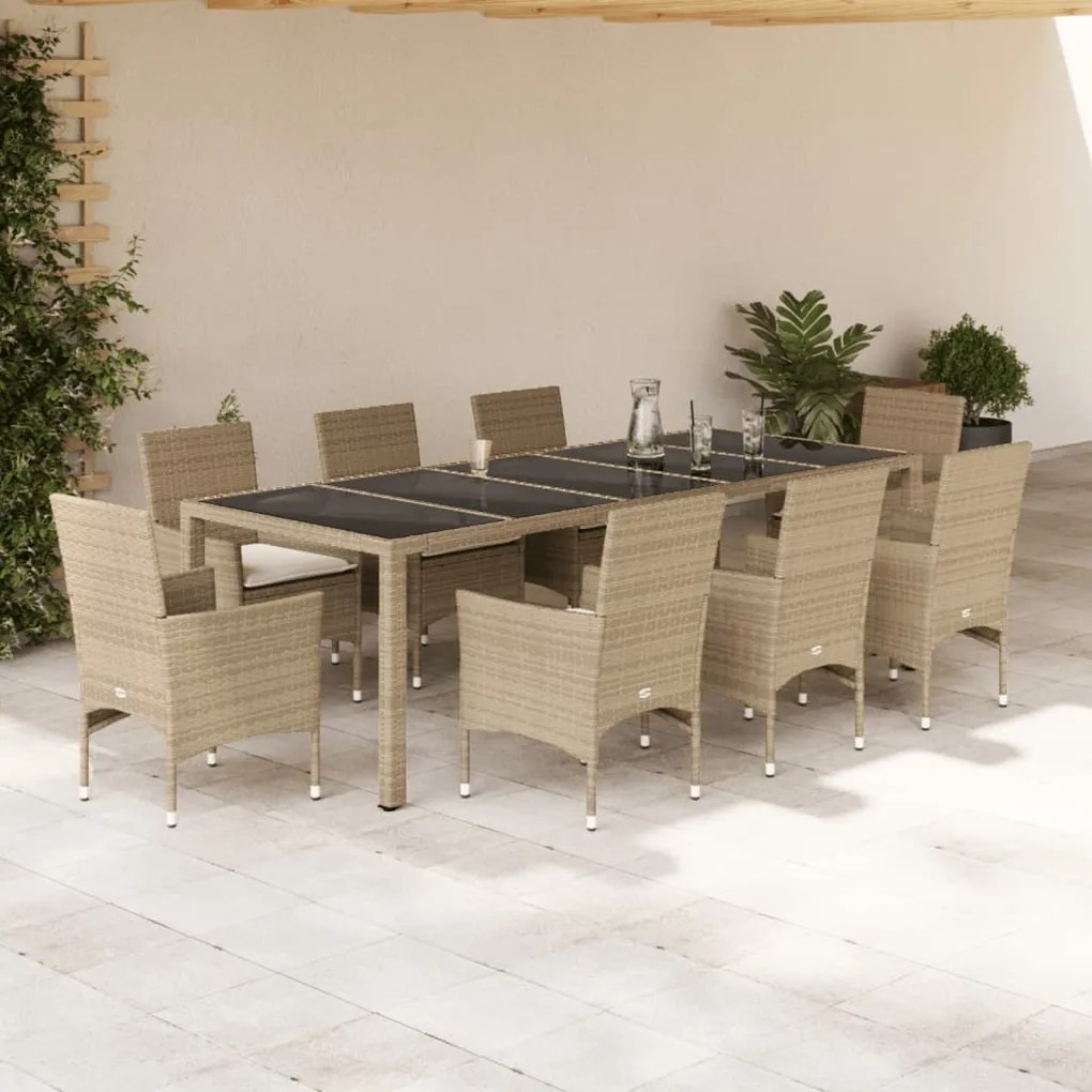 vidaXL Set mobilier de grădină cu perne 9 piese bej poliratan &amp; sticlă