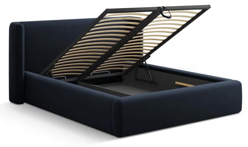 Pat matrimonial albastru închis tapițat cu spațiu de depozitare cu somieră 200x200 cm Jason – Windsor &amp; Co Sofas