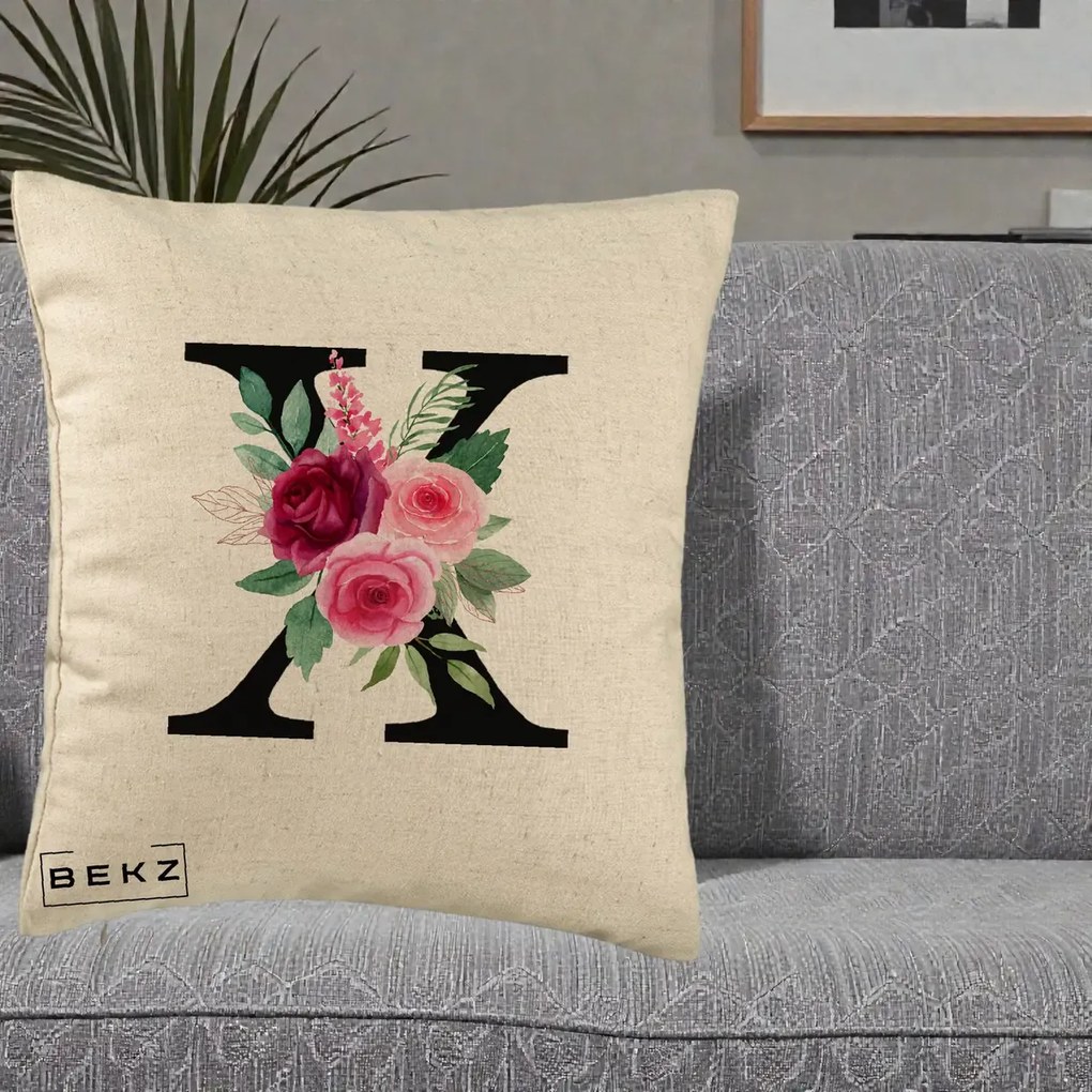 Cadou Personalizat - Perna Personalizata Monograma Florala Litera X cu Buchet, 40x40 cm, Bej, Husa Detasabila, Perna Inclusa, BEKZ®