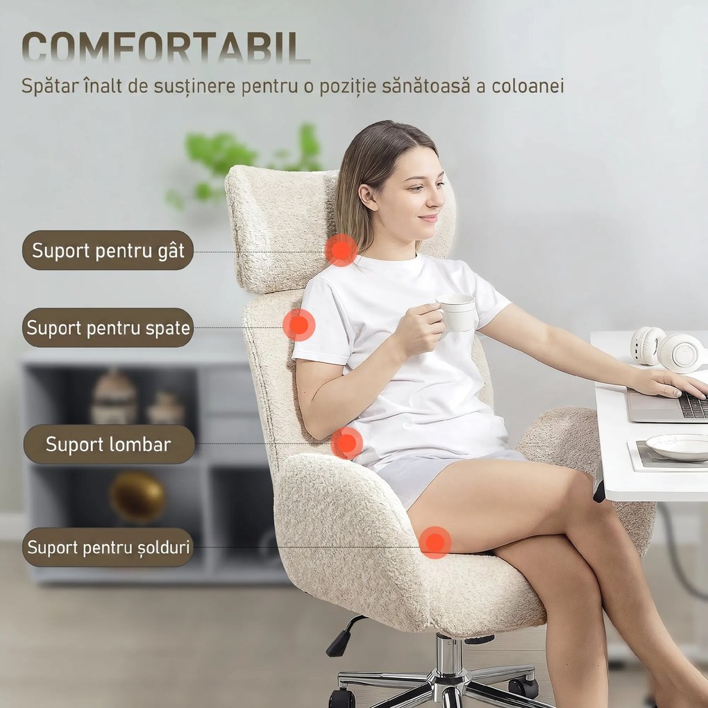 HOMCOM Scaun de Birou Rotativ din Bouclé cu Tetieră. Înălțime Reglabilă, Funcție Balansare, Gri Deschis-Alb | Aosom Romania