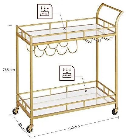 Raft pentru bauturi cu roti, Vasagle, Auriu, 86.1x38.1x90.2 cm