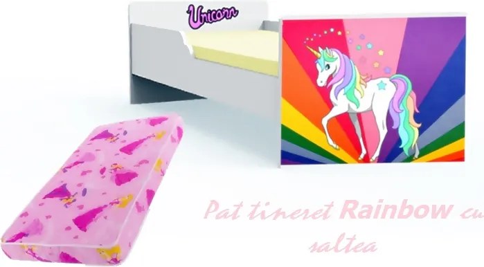 Pat tineret Rainbow Unicorn cu saltea