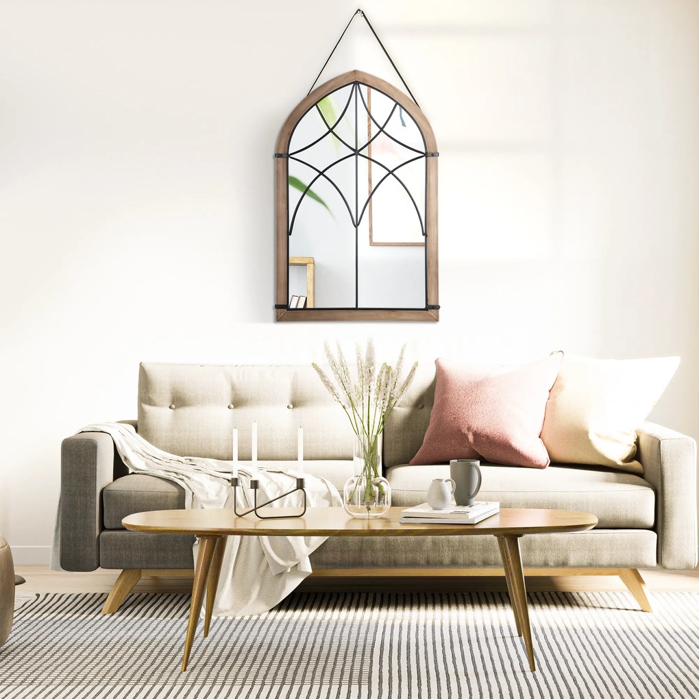 HOMCOM Oglindă de Perete cu Formă de Arc, Detalii Moderne și Cârlige, Oglindă din MDF și Sticlă, 60x93 cm, Maro și Negru | Aosom Romania