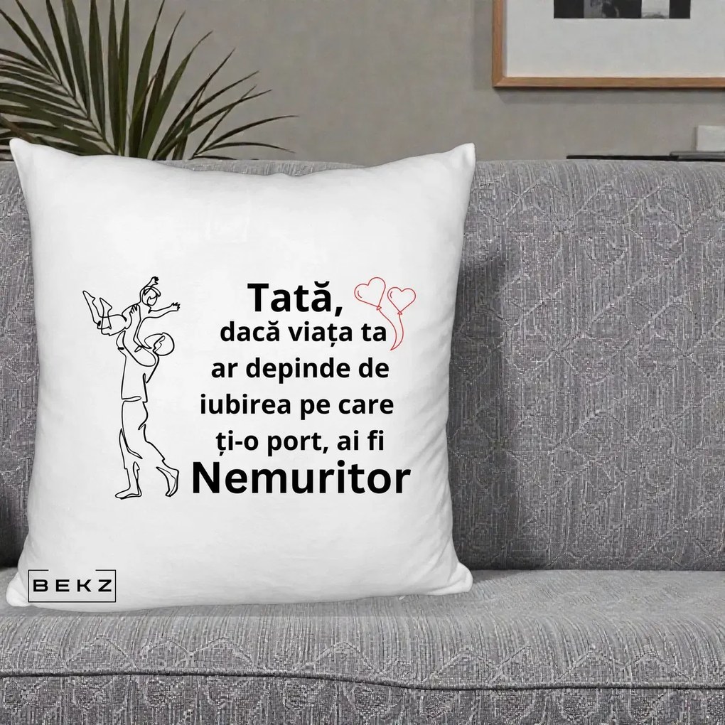 Cadou pentru Tata - Perna Personalizata Tata Nemuritor Joaca in Aer, 40x40 cm, Alb Pufos, Husa Detasabila, Perna Inclusa, BEKZ®