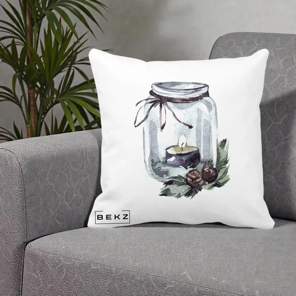 Perna Decorativa Felinar cu Lumanare si Conuri, 40x40 cm, Alba Mata, Husa Detasabila, Perna Inclusa, BEKZ®