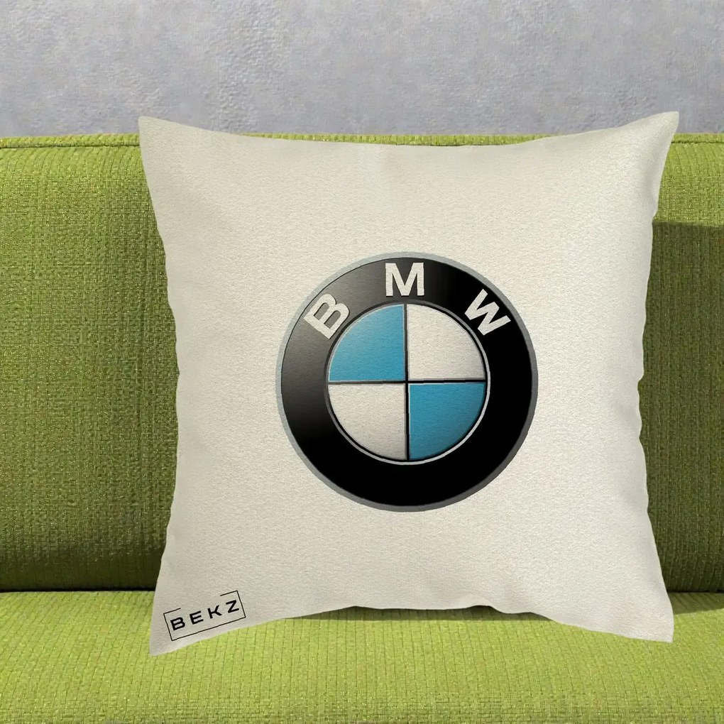 Perna Personalizata cu emblema BMW, 40x40 cm, Ecru, Husa Detasabila, Perna Inclusa, BEKZ®