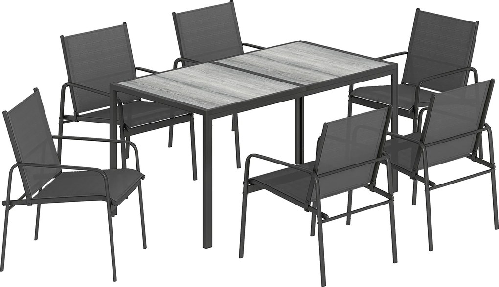Outsunny Set de Prânz pentru Exterior, 7 Piese pentru 6 Persoane, Masă cu Efect de Lemn și Scaune cu Șezut Respirabil, Set Mobilier de Grădină cu Cadru din Oțel Galvanizat, Negru | Aosom Romania