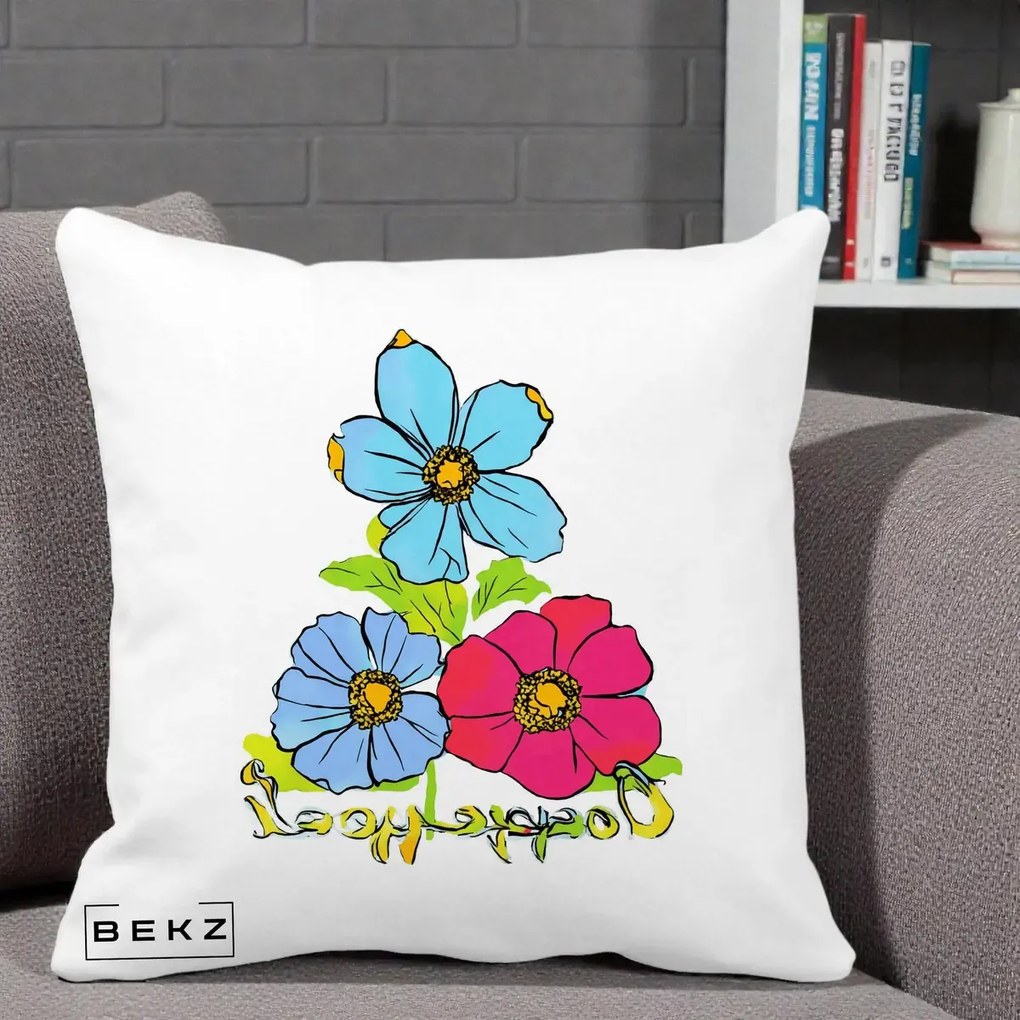 Perna Decorativa Trei Flori Grafice Pop Art, 40x40 cm, Alba Mata, Husa Detasabila, Perna Inclusa, BEKZ®