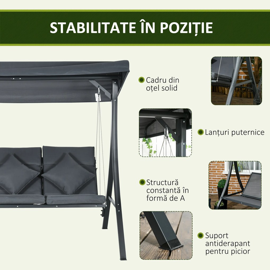 Outsunny Balansoar pentru Exterior de Grădină cu 3 Locuri și Acoperiș Reglabil, Perne Decorative, 202x115x168 cm, Gri | Aosom Romania