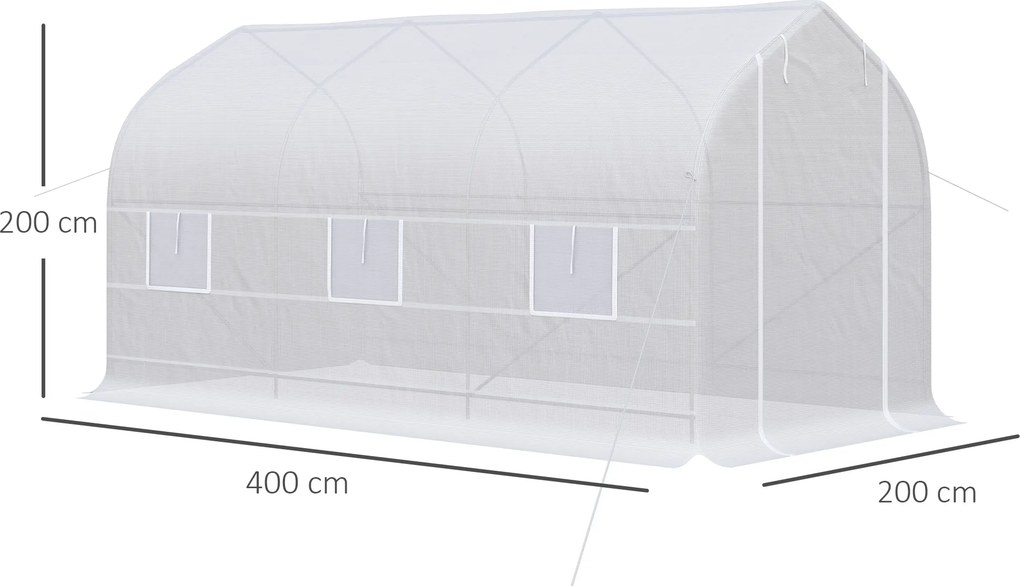 Outsunny Seră de Grădină a Tunnel 4x2x2 m cu Uși Rulabile și 6 Ferestre, Seră pentru Grădină cu Acoperiș înclinat, Structură din Metal și Acoperire PE, pentru Grădinărit Legume Flori Fructe, Alb | Aosom Romania