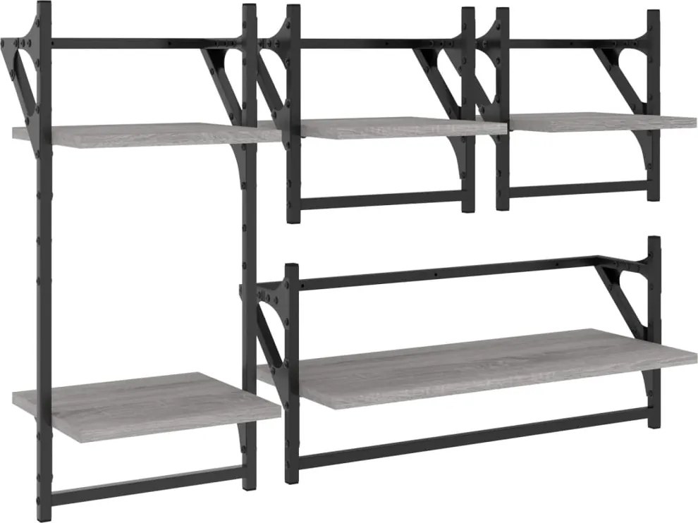 vidaXL Set rafturi perete cu bare, 4 buc., gri sonoma, lemn prelucrat