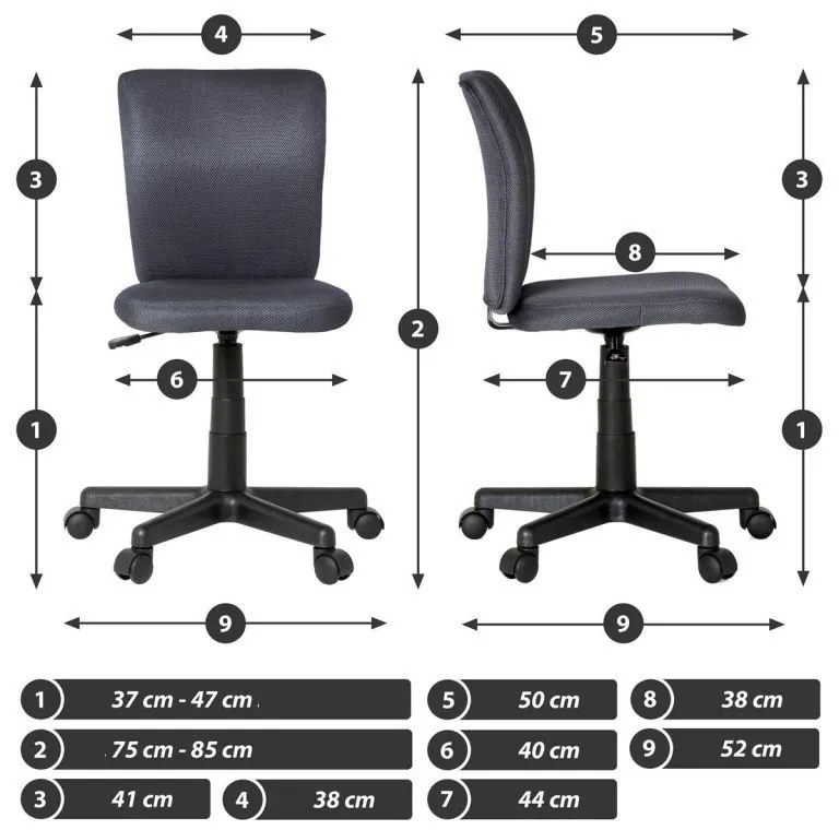 Scaun de birou rotativ pentru copii, fără brațe, gri