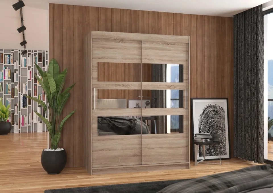 Dulap cu usi glisante si oglinda 150x200 cm, Florento, ADRK Furniture (Culoare: Alb)