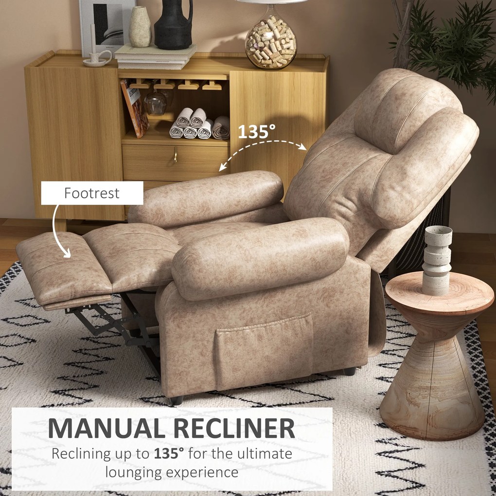 HOMCOM Fotoliu cu Înclinare Manuală Tapițat cu Suport Retractabil pentru Picioare și Buzunare Laterale, 88x91x108 cm, Bej | Aosom Romania