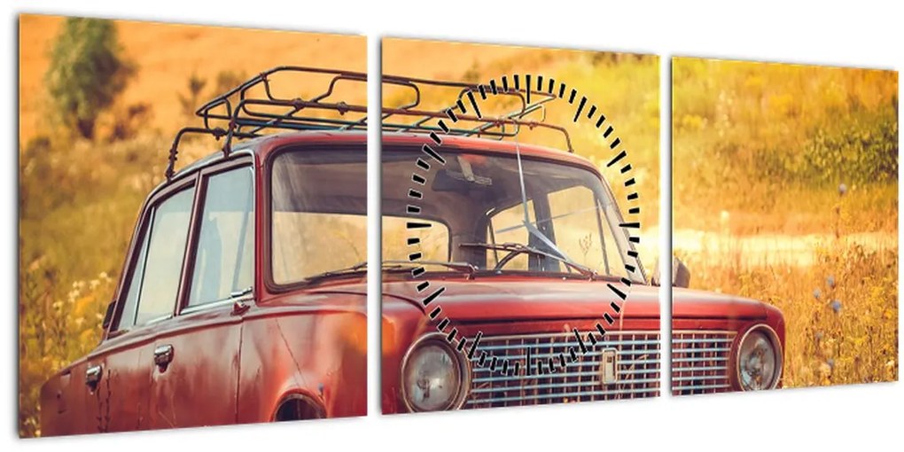 Tablou cu mașină în câmp (cu ceas) (90x30 cm)