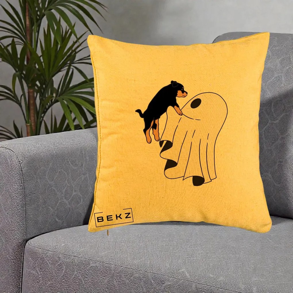 Perna Decorativa Caine Rottweiler Fantoma Halloween, 40x40 cm, Galben, Husa Detasabila, Perna Inclusa, BEKZ®