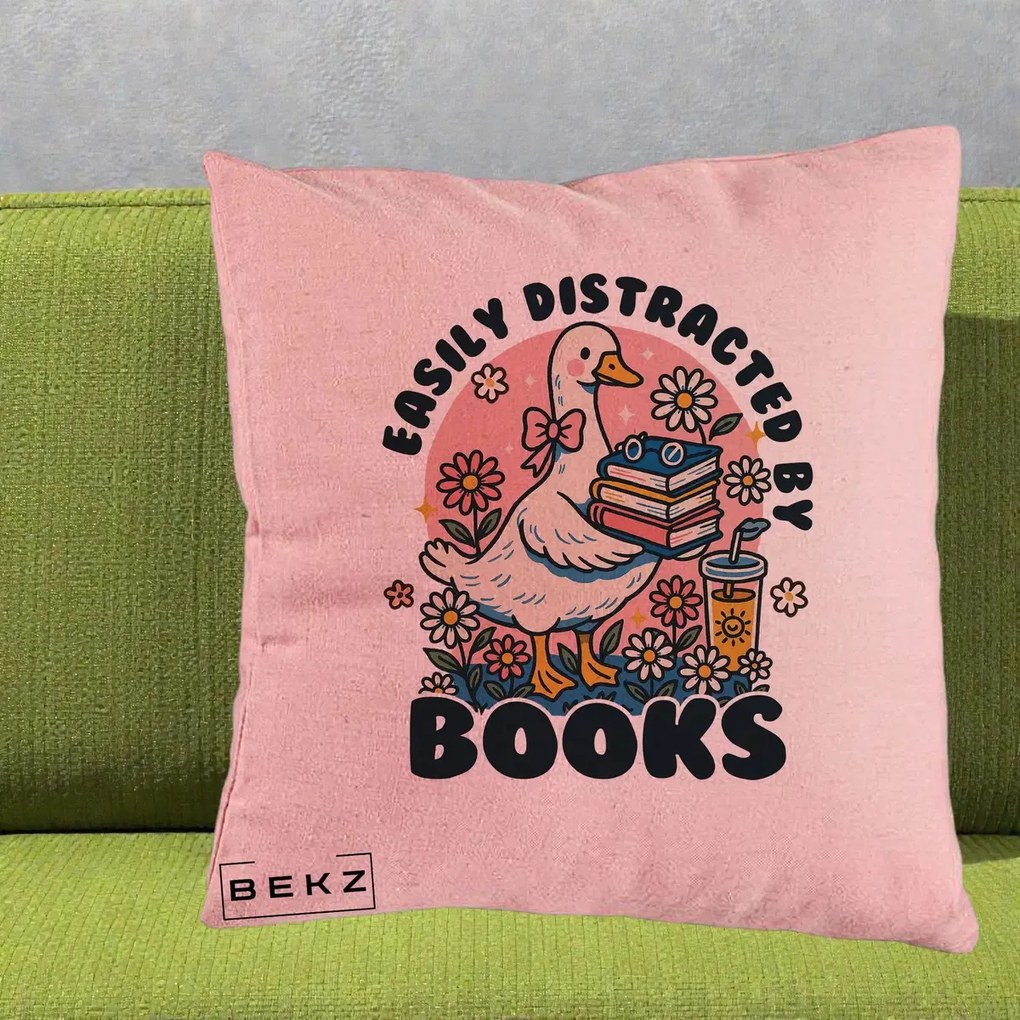 Perna Personalizata Easily Distracted by Books, 40x40 cm, Roz, Husa Detasabila, Perna Inclusa, BEKZ®